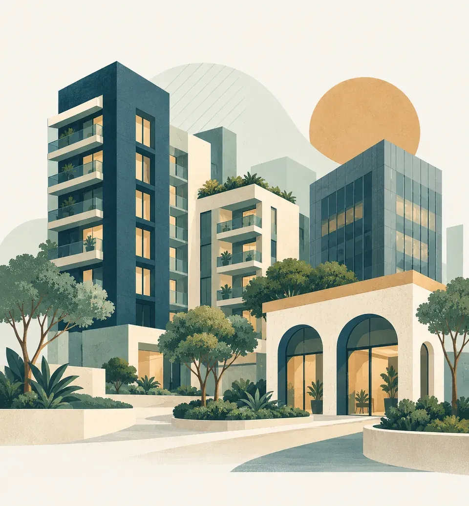 Ilustração de edifícios residenciais e comerciais cercados por jardins